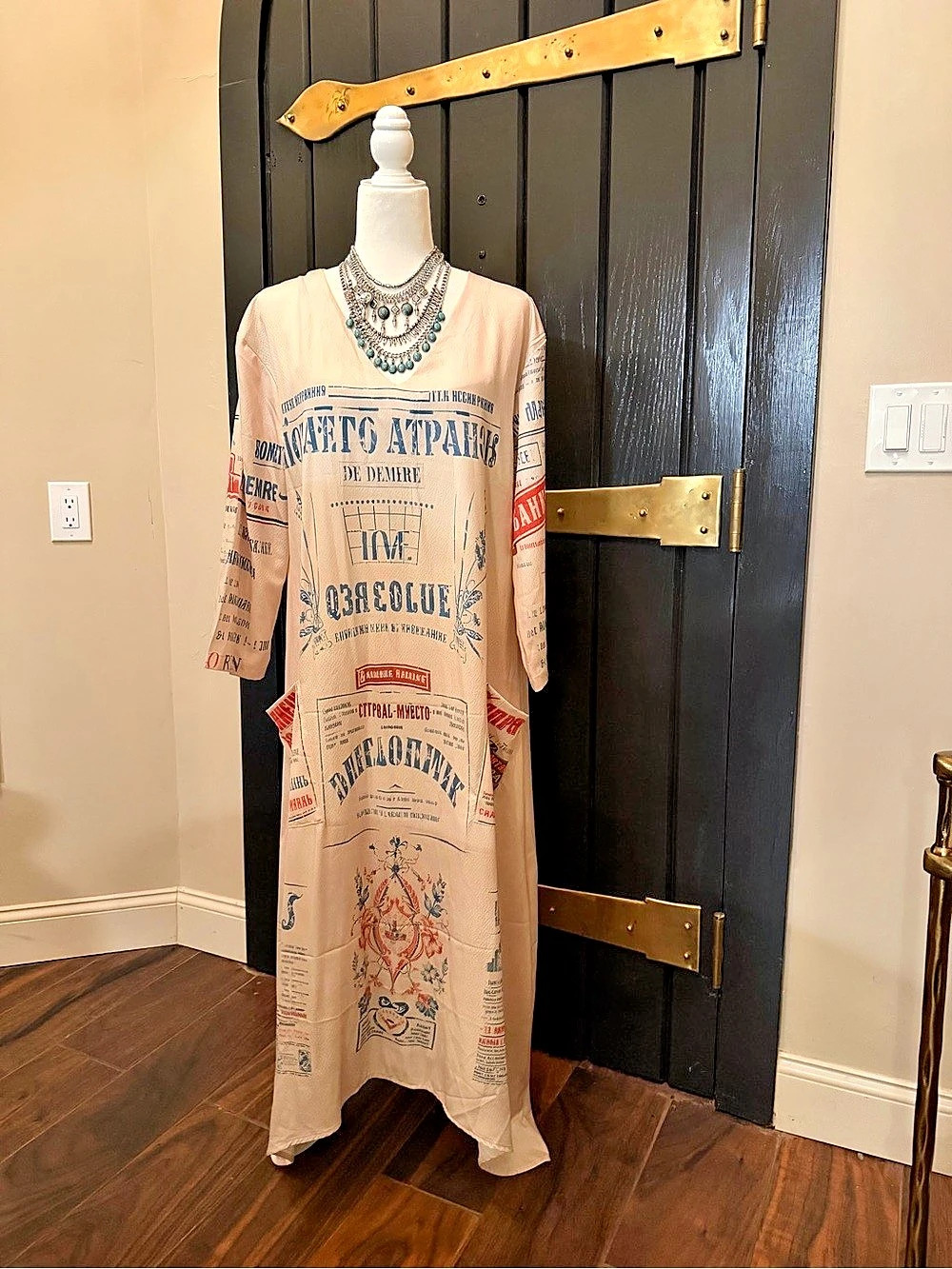 New Woman’s Flour Sack Maxi Dress Mercantile Feedbag V Neck Boho Farmhouse Med